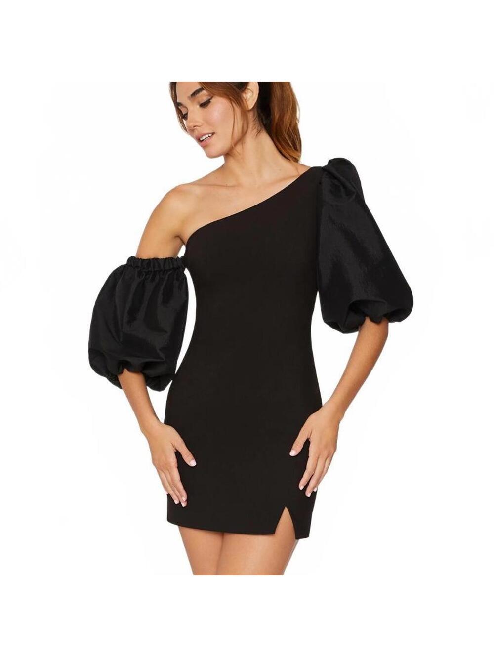 LIKELY Natasha Dress Womens 6 Black One Shoulder Mini Cocktail Puff Sleeve
